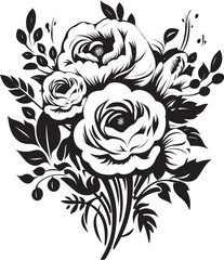 Vintage Floral Bouquet Black Emblem Minimalistic Petal Arrangement Monochrome Design