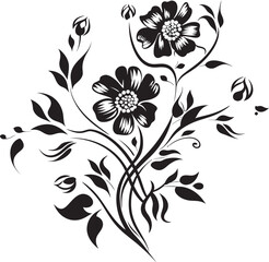 Wine infused Blooms Black Icon Floral Vine Sketch Monochrome Emblem