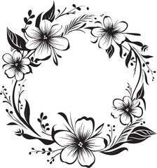 Fototapeta na wymiar Whimsy in Blooms Black Logo Botanical Sketch Border Monochrome Emblem