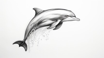  a black and white drawing of a dolphin jumping out of the water with bubbles coming out of it's mouth.
