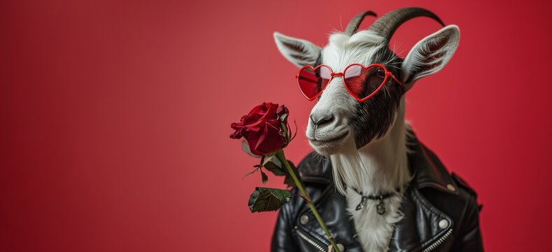 A goat dressed in a leather jacket and bright heart shaped glasses holding a red rose.