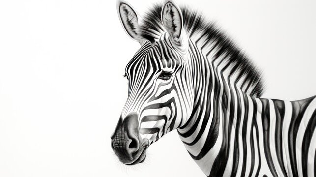  a close up of a zebra's head in a black and white photo with a white background and a black and white image of a zebra's head.