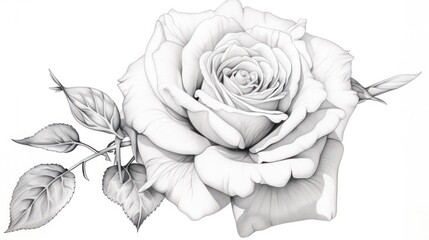  a black and white drawing of a rose with leaves on the stem and a bud on the end of the stem.