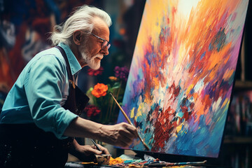 A retired painter meticulously working on a canvas - Passion for artistry, attraction to colors and expression