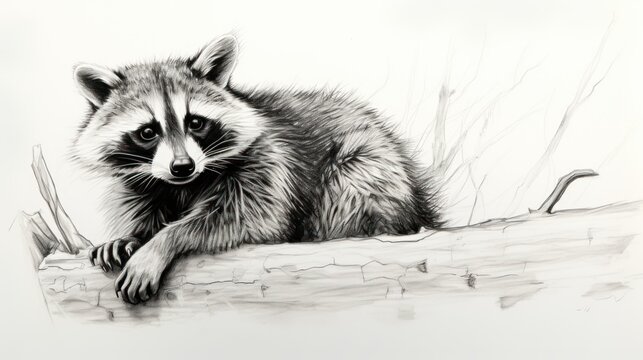  a pencil drawing of a raccoon sitting on a tree branch with its paws on the branch of a tree.