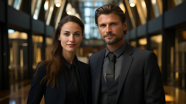 Male and female office worker - business executives - profile shot - low angle camera view - high-end business attire - stylish fashion - confident and assured - competent and ready