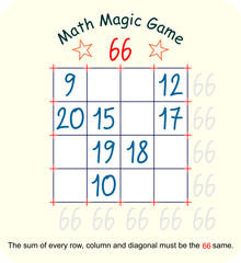 Magic math game. (Magic square)  Recreational mathematics and educational series vector illustration.