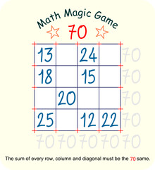 Magic math game. (Magic square)  Recreational mathematics and educational series vector illustration.