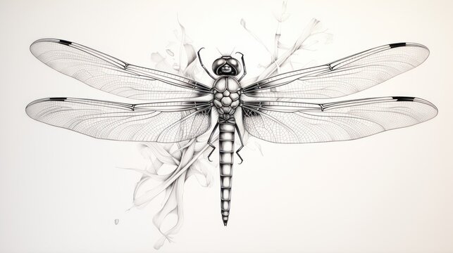  a drawing of a dragonfly sitting on top of a piece of paper with smoke coming out of its wings.