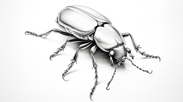  a black and white drawing of a cockroach on a white background with a shadow of the cockroach on the back of the cockroach.