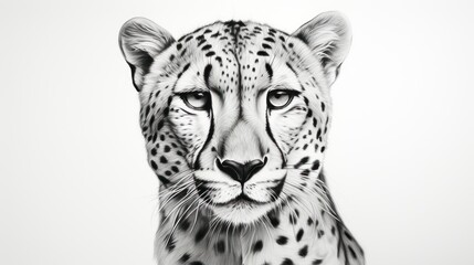  a black and white photo of a cheetah looking at the camera with a sad look on its face. - obrazy, fototapety, plakaty