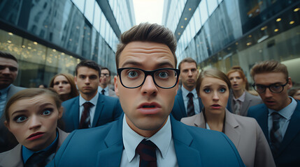 Obraz premium quirky and eccentric male office worker - low angle shot - close up shot - surprise - shock - reaction shot - high end business suit 