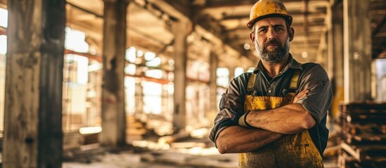 Construction worker in building, arms crossed, looking at camera. - obrazy, fototapety, plakaty
