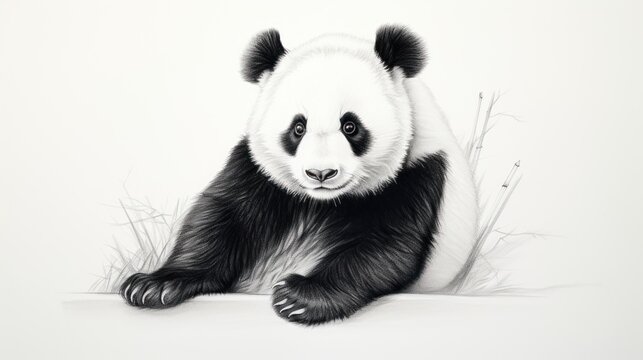  a black and white picture of a panda bear sitting on the ground with its paws on the ground and looking at the camera.