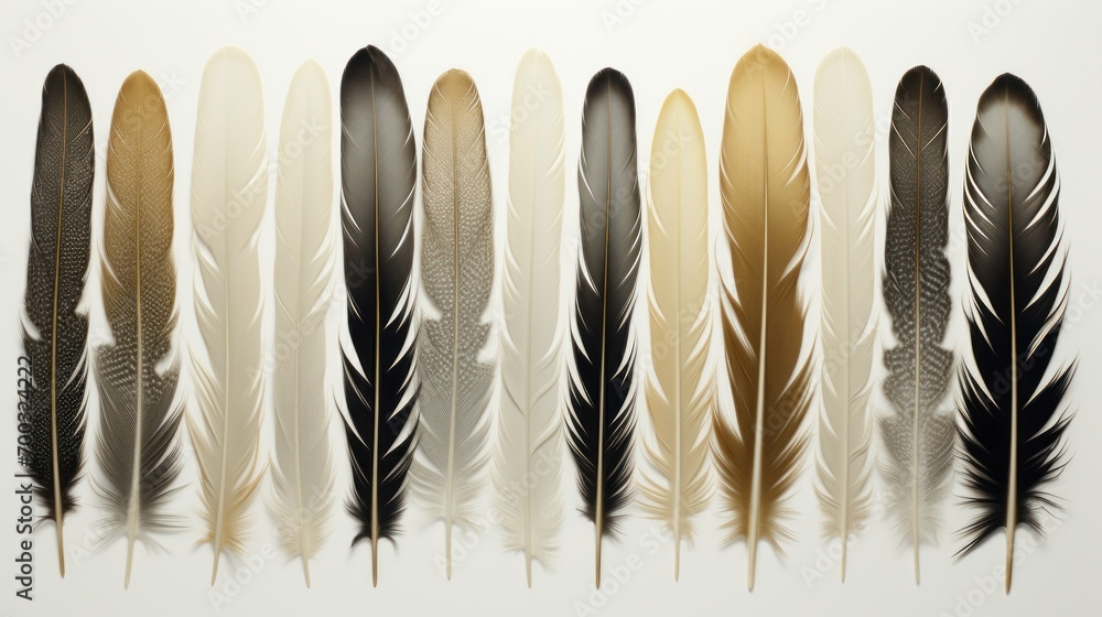 Poster a row of black and gold feathers on a white background with a shadow of the feathers on the left sid