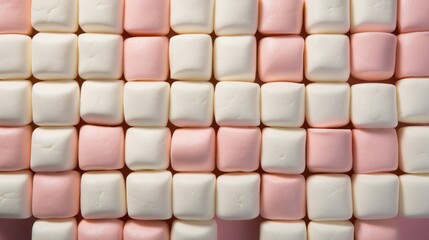 Fototapeta premium a close up of marshmallows with pink and white icing on a pink and white cake background.