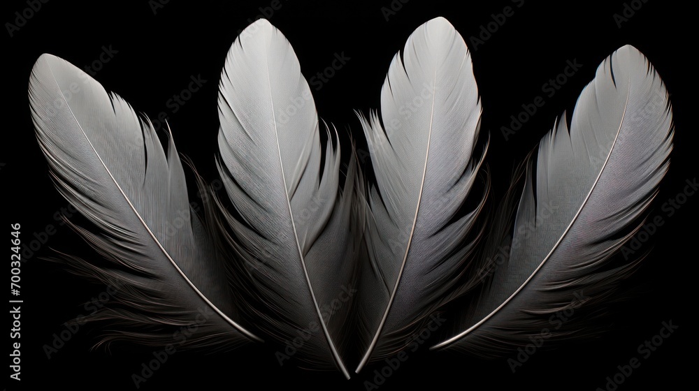 Poster a group of three white feathers sitting on top of a black background with a black background behind 