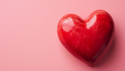 Fototapeta premium Red heart on pink background. One heart-shaped object is located to the side, there is space for text.
