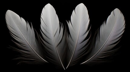  a group of three white feathers sitting on top of a black background with a black background behind them and a black background with a few white feathers.