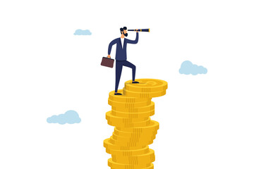 Businessman leader on growth money stack using telescope or spyglass looking forward for bright future. Financial visionary, investment growth, interest rate rising up or economic forecast concept.