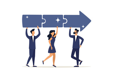 Career growth concept, team collaboration for success, teamwork or cooperation, joint partnership work, business people co-workers connect puzzle with arrows.