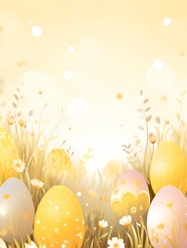 Yellow watercolor illustration with easter eggs, abstract background 
