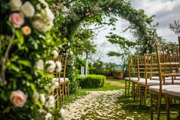 Spring wedding ceremony settings in the garden with flowers