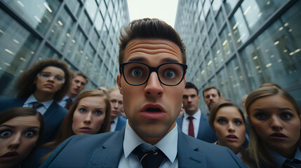 Obraz premium quirky and eccentric male office worker - low angle shot - close up shot - surprise - shock - reaction shot - high end business suit 