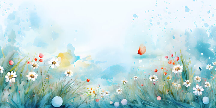 Pastel blue illustration with spring flowers, abstract background with copy space