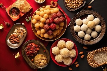 Top view of chinese new year desserts and sweets - obrazy, fototapety, plakaty