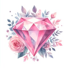 pink diamond crystal gem wealth symbol watercolor paint - obrazy, fototapety, plakaty