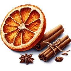 Christmas decor, dried orange slices, cinnamon, vanilla watercolor for greeting card design on white background