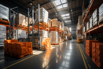 Interior of a warehouse with racks full of boxes and pallets. Logistics and transportation blurred background. Product distribution center.