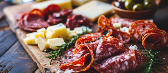 Italian appetizers featuring salami, prosciutto crudo, and fresh cheese on a platter.