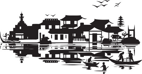Charming Vintage River Town Vector Black Logo Nostalgic Waterside Charm Black Emblematic Icon