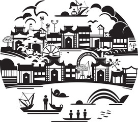 Naklejka premium Old world Waterfront Icon Black Emblem Antique River Townscape Vector Symbol