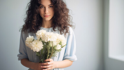 Brunette curly hair woman holding flowers and looking at camera. Copy space for text or advertisement