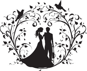 Vintage Floral Embrace Black Icon Design Whimsical Floral Couple Vector Emblematic Mark