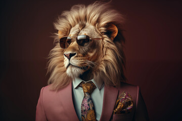 Powerful confident Bossy Lion in fashionable trendy outfit with sunglasses and business suit. Creative animal concept banner. Isolated on pastel marron brown background.