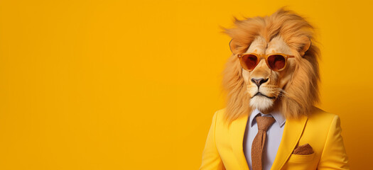 Modern Lion in fashionable trendy outfit with hipster glasses and yellow business suit. Creative animal concept banner. Pastel yellow background banner with copyspace.