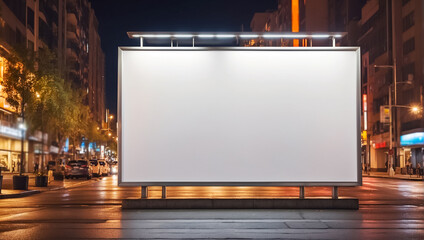 Blank advertising banner on the street at night commercial - obrazy, fototapety, plakaty