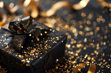 a black present with gold and ribbons