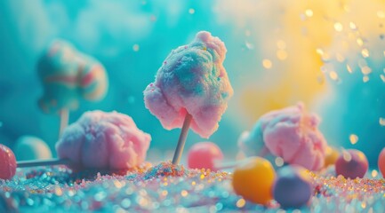 a closeup of multi color cotton candy with a colorful background on different candies - obrazy, fototapety, plakaty