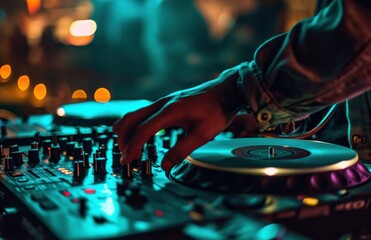 a dj is preparing to spin at nightclub