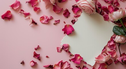 a blank paper and rose petals on a pink background