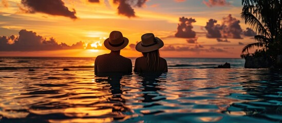 Couple in hats enjoys sunset poolside during vacation.