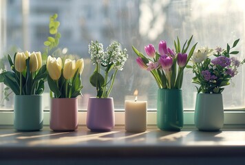 a window sill with vases of tulips and hyacinths - obrazy, fototapety, plakaty