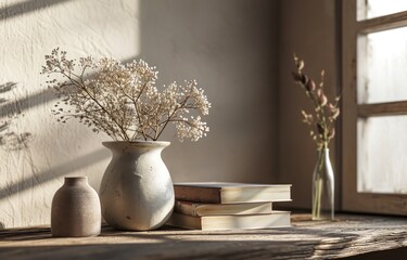 a vase, books and flowers on an empty wooden table