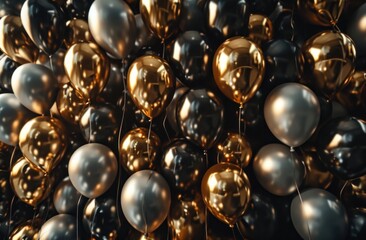 a wall of silver and golden balloons on white background