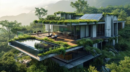 a home with green roofs and solar panels is shown